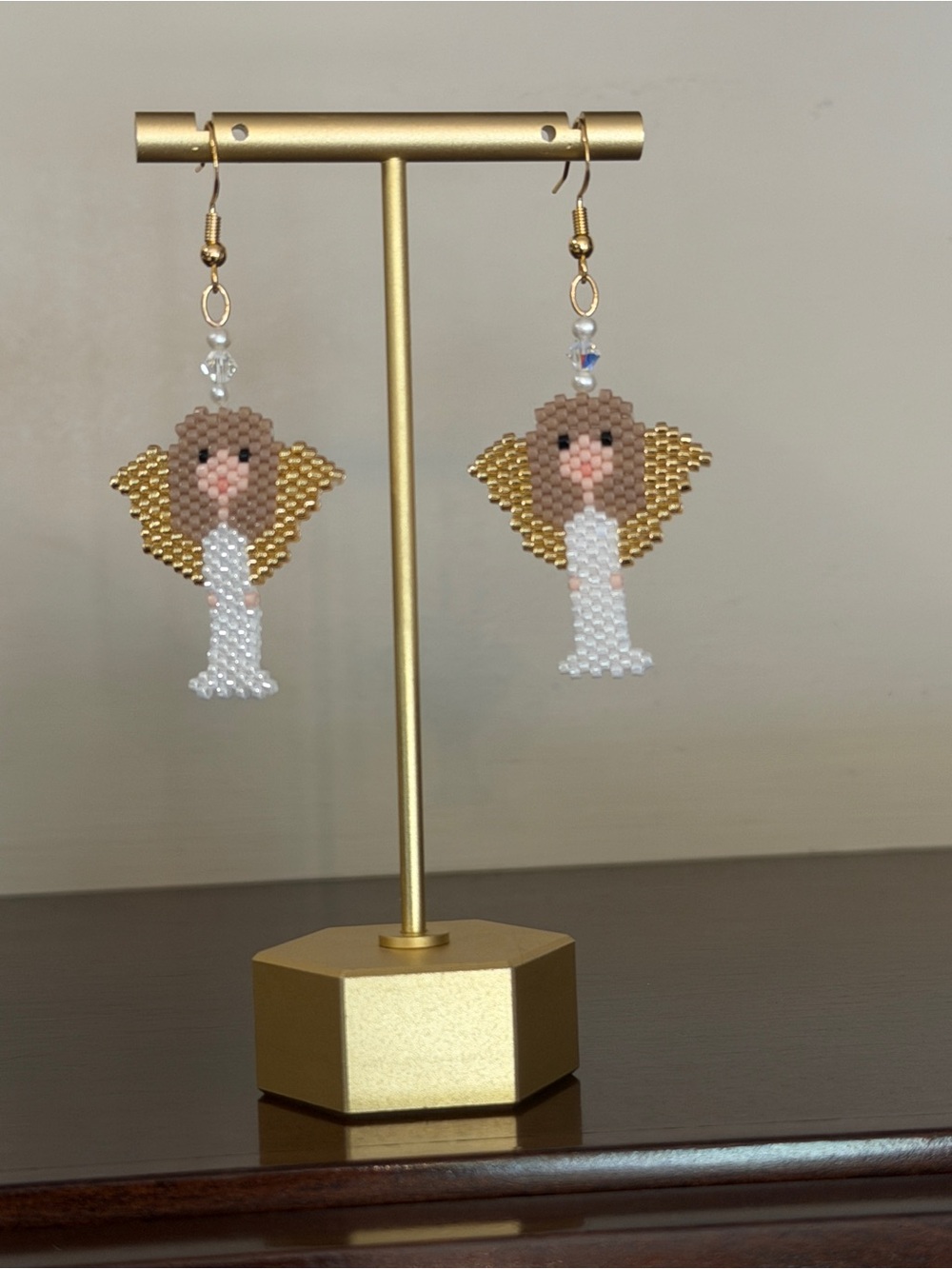 Handmade Beaded Angel Earrings with Gold Wings